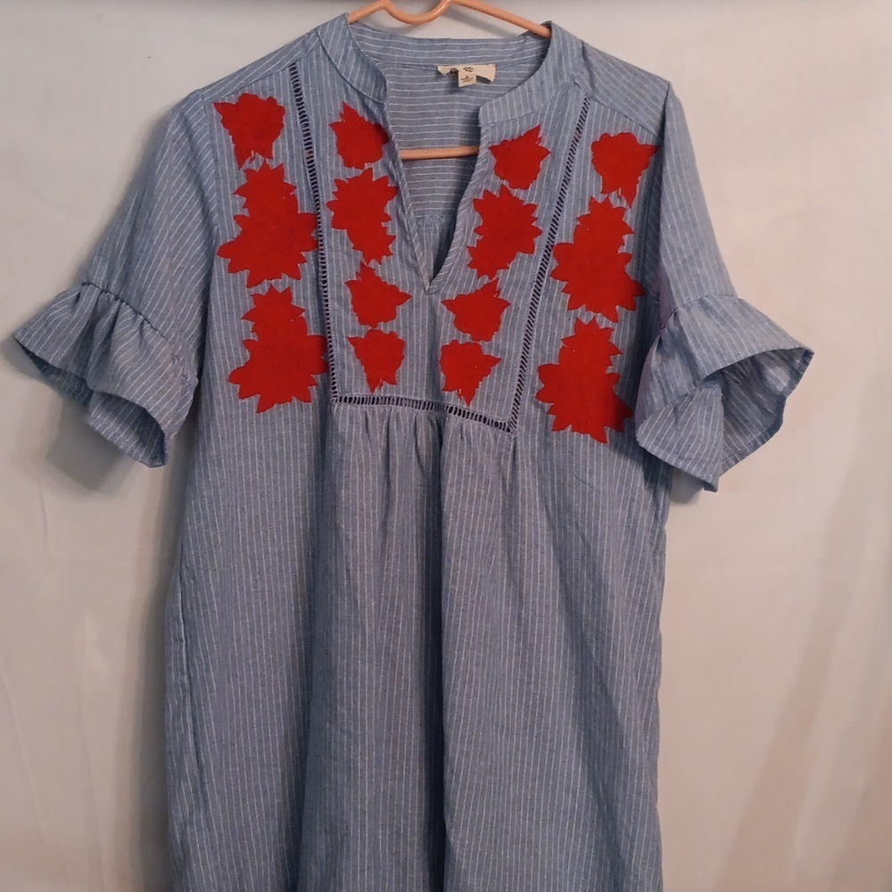Entro Striped Blue Top with Red Floral Detail - Picture 2 of 7